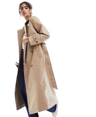 Vero Moda leather look belted trench coat in stone-Neutral