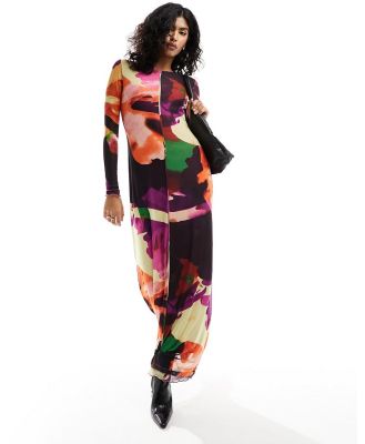 Vero Moda long sleeved lettuce edge mesh dress in abstract print-Multi