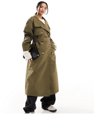Vero Moda Petite high neck belted maxi trench coat in khaki-Green