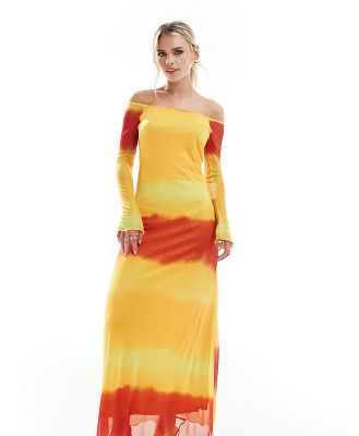 Vero Moda Petite off shoulder mesh dress in sunset ombre stripe-Multi