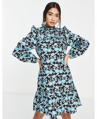 Vero Moda smock mini dress with frill detail in blue floral print