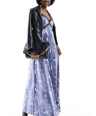 Vero Moda Tall satin maxi slip dress with lace trim in blue crinkle print
