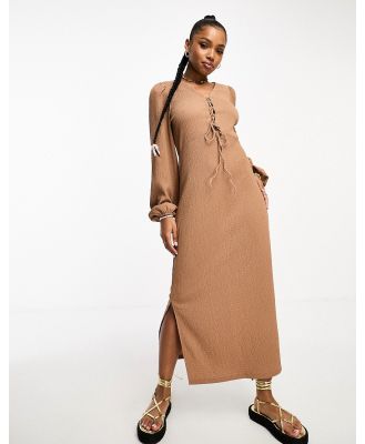 Vero Moda textured long sleeve maxi dress with lace up detail in stone-Neutral
