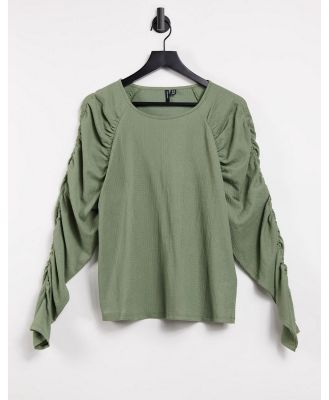 Vero Moda wide neck top with ruched sleeves in khaki-Green