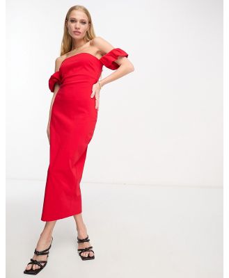 Vesper bardot frill sleeve maxi dress in red