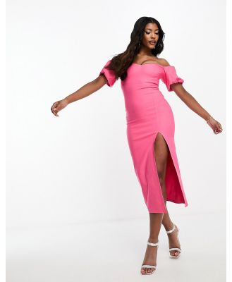 Vesper bardot puff sleeve midi dress in pink