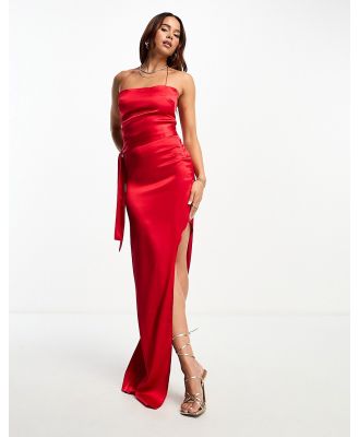 Vesper halter neck maxi dress with side split in red