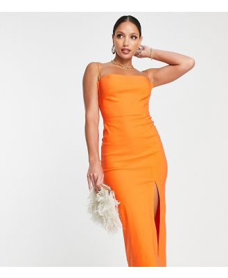 Vesper Tall strappy open back midi dress with thigh split in orange
