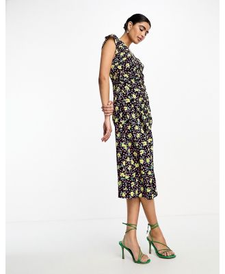 Vila cap sleeve ruched front midi dress in yellow and pink floral-Black