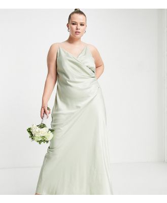 Vila Curve Bridesmaid cami maxi dress with ruching in green satin