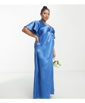 Vila Curve Bridesmaid satin flutter sleeve maxi dress in blue