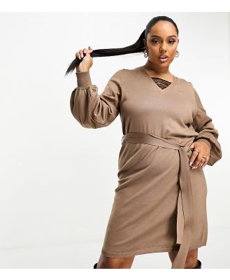 Vila Curve knitted jumper dress with lace detail v neck in brown