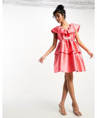 Vila exaggerated frill mini dress in coral-Pink