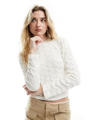 Vila long sleeved top with rose texture print in cream-Neutral