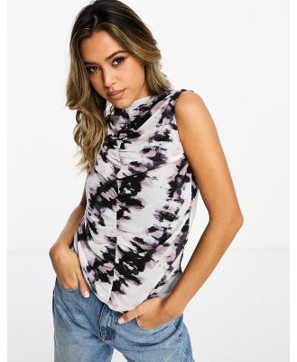 Vila mesh ruched sleeveless top in black abstract print