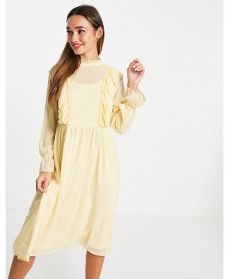 Vila midi dress with frill detail in yellow - YELLOW