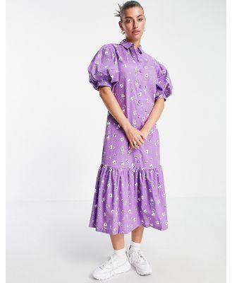 Vila midi shirt dress with puff ball sleeves in floral print-Purple