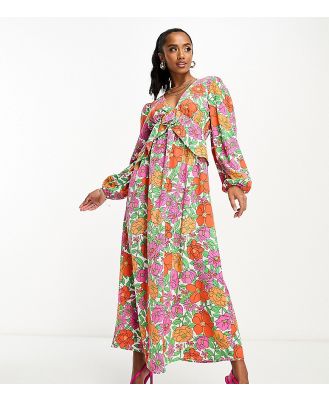 Vila Petite balloon sleeve midi dress with frill waist in bright bold floral-Multi