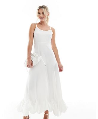 Vila Petite Bridal satin cami maxi dress with stitch detail hem in white