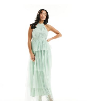 Vila Petite Bridesmaid halterneck tulle midi dress with tiered skirt in mint green