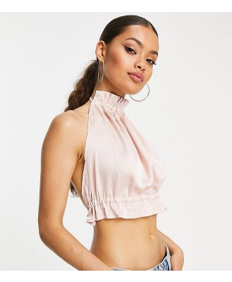 Vila Petite high neck satin crop top with tie back in pink (part of a set)