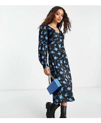 Vila Petite v neck midi dress in bright blue floral print-Multi