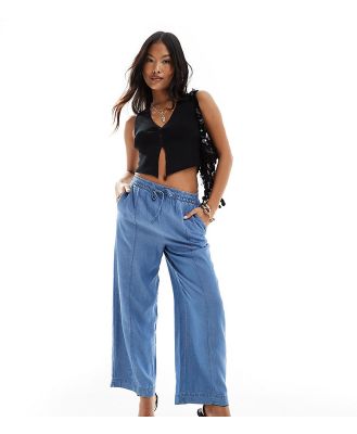 Vila Petite wide leg pants with tie waist in blue chambray