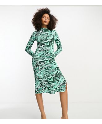 Vila roll neck side split maxi jersey dress in green swirl