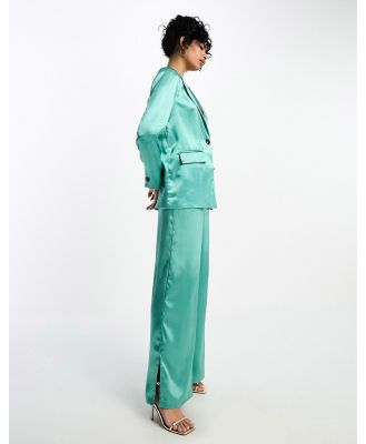 Vila satin tailored wide leg pants in green (part of a set)