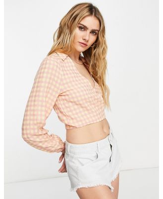 Vila wrap blouse in pink and yellow gingham check-Multi