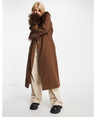 Violet Romance belted longline coat with faux fur trims in chocolate brown