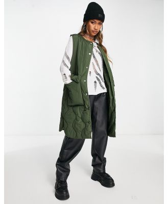 Violet Romance collarless quilted longline vest in khaki-Green