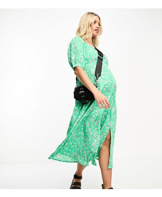 Violet Romance Maternity puff sleeve midi dress with side split in green floral print-Pink