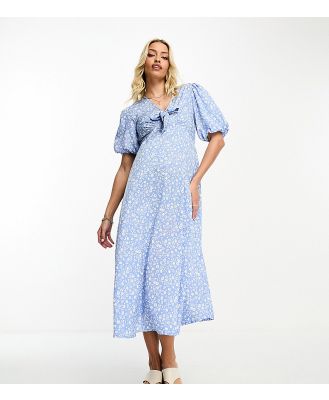Violet Romance Maternity puff sleeve midi dress with tie front in blue floral print