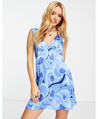 Violet Romance satin v neck mini dress in blue swirl print