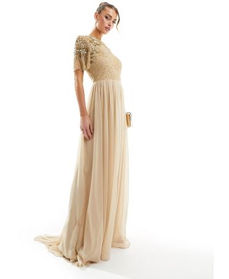 Virgos Lounge Raina maxi dress in beige with gold embellishment-Neutral