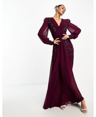 Virgos Lounge Selenaa long sleeve embellished maxi dress in plum-Purple