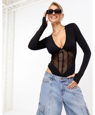 We Are We Wear fishnet and micro v-neck bodysuit with long sleeves in black