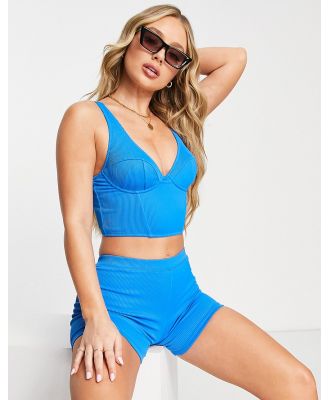 We Are We Wear Holly long line underwired bikini top in blue rib