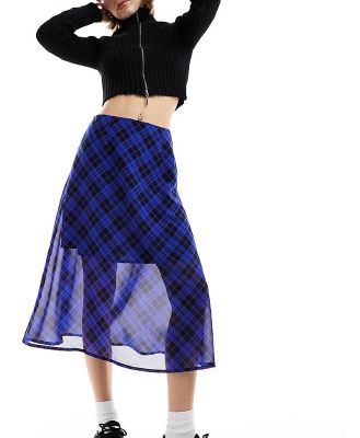 Wednesday's Girl check print floaty mesh midi skirt in blue and black