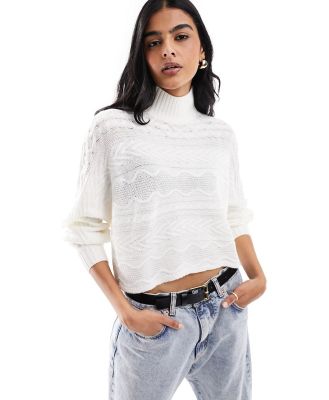 Wednesday's Girl cropped cable knit jumper in cream-White