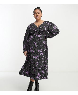 Wednesday's Girl Curve ditsy spot tie-back wrap midi dress in violet and black-Purple