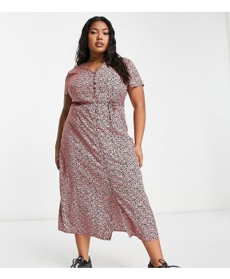 Wednesday's Girl Curve floral print button through tie detail midi dress in pink