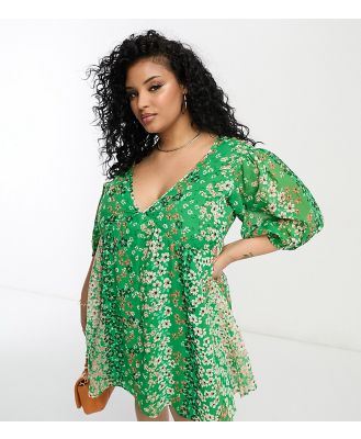 Wednesday's Girl Curve puff sleeve mini smock dress in green patchwork