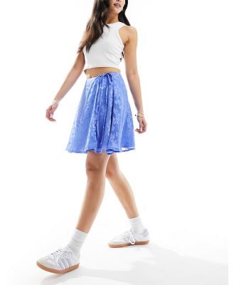 Wednesday's Girl devore tie detail mini skirt in pale blue
