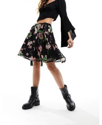 Wednesday's Girl devore wrap detail floral print mini skirt in black