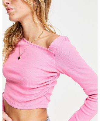 Wednesday's Girl long sleeve crop top with asymmetric neck line in pink
