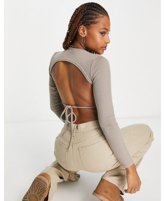 Wednesday's Girl open back tie detail long sleeve crop top in taupe-Brown