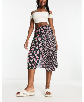 Wednesday's Girl rose bloom ditsy print wrap midaxi skirt in black and pink