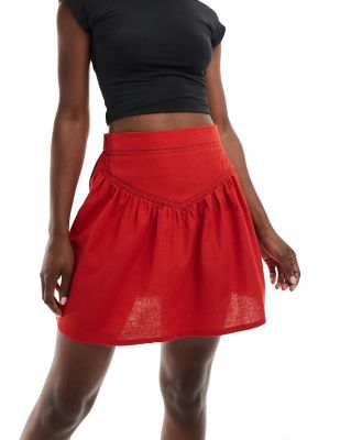 Wednesday's Girl seam detail linen look mini skirt in raspberry-Red
